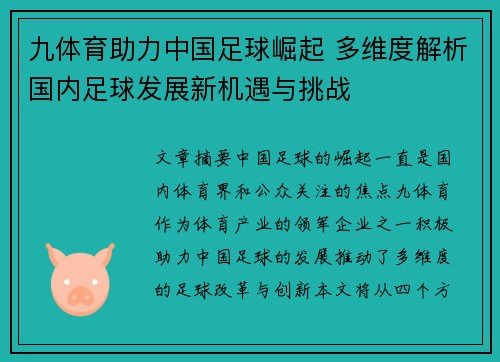 九体育助力中国足球崛起 多维度解析国内足球发展新机遇与挑战