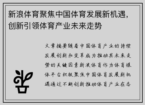 新浪体育聚焦中国体育发展新机遇，创新引领体育产业未来走势
